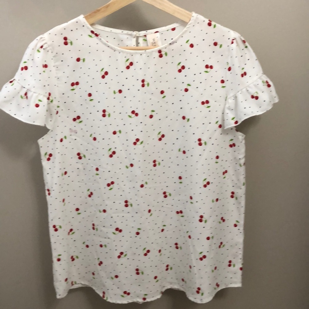 Polka dot and cherry, ruffle sleeve top